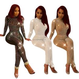 Designer Long Sleeve Jumpsuits Women Diamonds Bodycon Rompers Sexy See Through Mesh Jumpsuits Fashion One Piece Outfits Night Club Wear Fall Winter Clothes
