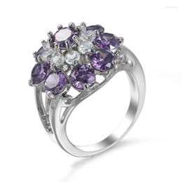 Wedding Rings Ociki Silver Color Cubic Zirconia CZ Purple Crystal Flower For Women Girls Drop Jewelry Ring Gift