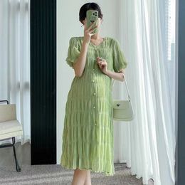 Maternity Dresses Texture Chiffon Pregnant Women's Dress Pregnant Women's Summer Apparel Solid V-Neck Fresh Green Loose Pregnant Women's Tank Top 230404