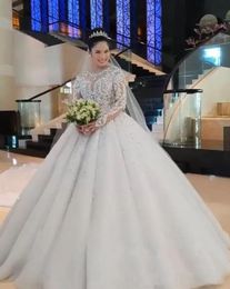 2023 Arabo Aso Ebi Pizzo Abito da sposa in rilievo Abito da ballo Maniche lunghe Abiti da sposa sexy Abiti ZJ62224