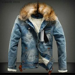 Men's Jackets Winter Mens Denim Jacket with Fur Collar Retro Ripped Fleece Jeans Jacket and Coat for Autumn Winter S-6XL T231104