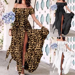 Party Dresses Women'S Off Shoulder Slash Neck Sexy Leopard Long Dress Chiffon Short Sleeves Maxi Elegent Evening