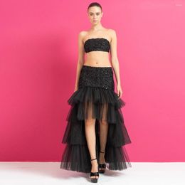 Skirts Stunning Black High Low Sequined Maxi Women To Party Tiered Tulle Skirt Zipper Fashion Long Female