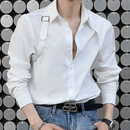 Tuxedo Shirt Social Shoulder Strap Splicing Metal Button Design Men's British Fashion Slim Shirt Trend Men Long Sleeve Shirt