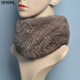 Scarves Hot New Women Winter Real Mink Fur Scarves headbands Good Elastic Knitted Natural Mink Fur Scarf Thick Warm Lady Fur Ring ShawlL231104