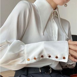 Women's Blouses QWEEK Elegant White Shirts Women Stain Slik Blouse Beautiful Oversized Vintage Long Sleeve Office Ladies Top Chic Korean