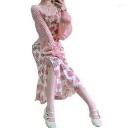 Casual Dresses Sweet Girl Cute Pink Floral Print Chiffon Long Dress Broken Flower Suspender Women's Retro Fishtail Prom