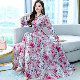 Casual Dresses Ruffle Lace Up O-Neck Floral Long Sleeve Chiffon Dress 2023 Spring Summer Women Maxi Trendy A-Line Beach Clothing H182