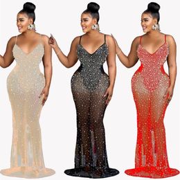 Designer Sexy Rhinestone Diamonds Dresses Women Luxury Spaghetti Straps Maxi Dress Mesh Sheer Elegant Evening Party Dress Night Clubwear Wholesale Clothes