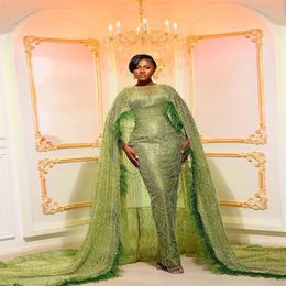 2023 Nov Aso Ebi Arabic Green Sheath Prom Dress Sequined Lace Feather Evening Formal Party Second Reception Birthday Engagement Gowns Dresses Robe De Soiree ZJ70