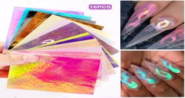 New 16 SheetsSet Aurora Flame Nail Sticker Holographic Colourful Fire Reflections Nail Decal SelfAdhesive Foils DIY Nail Art 4129931