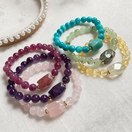 Strand Square Charm Natural Crystal Stone Bracelets Round Beads Real Amazonite Amethysts Pink Quartz Purple Bracelet