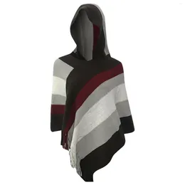 Scarves Women's Hooded Thermal Cloak Sleeveless Shawl With High Neck Stripes And Bright Silk Fringe Fall Women