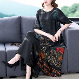 Women's Two Piece Pants 2023 Summer Ethnic Style Large Size Mulberry Silk Shirt Women Long Top Loose Wide Leg Vintage Printed Set H1904