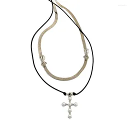 Pendant Necklaces Double Layer Neckchain Imitation Pearls Crucifix Chain Choker Trendy Butterfly Collarbone Jewellery Ornament