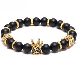bracelet Pave Black CZ Zirconia Gold King Crown Charm Bracelet Men Stone Bead Bracelet valentine mens jewelry handmade259k