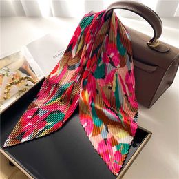 Sarongs 2022 Summer Crinkle Square Scarf For Women Print Silk Shawl Neckerchief Female Head Wraps Foulard Satin Hijab Hair Band Bandana P230403