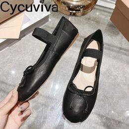Dress Shoes Satin Real Leather Bow Knot Ballet Flat Women Crystal Elastic Band Casual Party Dance Summer Ballerina Woman 230404