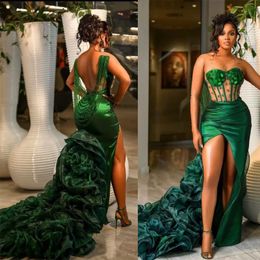 Hunter Green Evening Dresses Front Split Beading Back Hollow Sequined Draped Pleated with Long Train Prom Dress Second Reception Party Gowns African Wear