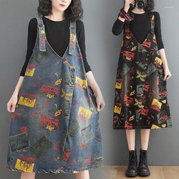 Casual Dresses V-Neck Sleeveless Denim Dress Women's Summer 2023 Loose Large Size Korean Version Printing Stitching Strap Midi H1699