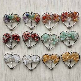 Natural Chip Stone Tree of Life Charms Crystal Agate Beads Heart Pendant Handmade Wire Color Wire Wrapped 30mm for Jewelry Marking