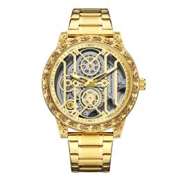 Leisure and Fashion Golden Circular Men Steel belt Transparent Hollow out Quartz watch The new