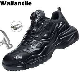 Safety Shoes Waliantile Luxury Men's Safety Shoes Lightweight Anti Perforation Work Boots Laceless Steel Toe Non Destructive Sports Shoes Men's 230404