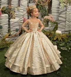 Gold Flower Girl Dress Princess Illusion Sleeve with Bow Buttons Luscious Skirt Birthday Wedding Party Kids Bridesmaid