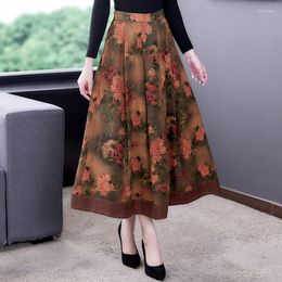 Skirts Floral Skirt Women Spring Summer Vintage Printed A-Line Elastic Waist Umbrella Long Midi Saia Mujer Falda M2048