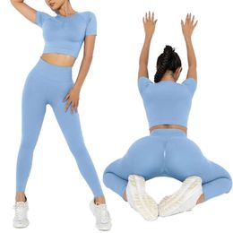 2024 Yoga Lu Lemon Algin Woman Suit Women Tracksuit Seamless 2 Piece Set Workout Sportswear Gym Clothing Fitness Short Sleeve Top High Waist Leggings LL Align gym clot