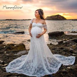 Maternity Dresses Lace For Po Shoot Pregnant Women Baby Shower Sweep Train Maxi Gown Pregnancy Pography Props 230404