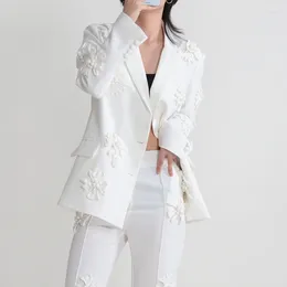 Women's Suits 2023 Summer Temperament Suit Long-sleeved Buckle Lapel Three-dimensional Flowers Stitching Solid Color Jacket For W