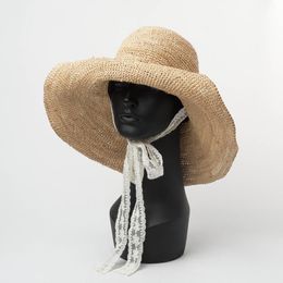 Wide Brim Hats Raffia Crochet Hat With Lace Rabbin Ties Women Sun Foldable Fine Straw Vacation Bucket 2023 Fashion Packable 691022