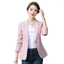 Women's Suits Woman Pink Plaid Blazer Spring Autumn Outwear Casual Jackets Female Slim Single Button Suit Coat Ladies Office L-4XL