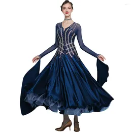 Stage Wear Waltz Ballroom Competition Dress Dance Performance Costume Evening Gowns Wedding Party Outfit Rhinestones Ribbon Sleeves