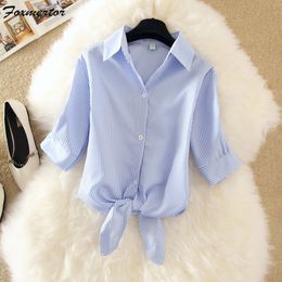 Women's Blouses Shirts Women's Shirt Summer Short Sleeve Striped Shirt Solid Bow Loose Plus Size 4xl Top Blue Women's Shirt 230404