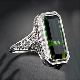 Wedding Rings Vintage Green Stone Ring Rectangle Sliver Colour Women's Elegant Hollow Pattern For Women Engagement Jewellery F3N543Wedding