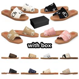 Designer Woody sandals with box women Mules flat slides Light tan beige white black pink Beige lace Lettering Fabric canvas slippers womens summer outdoor shoes