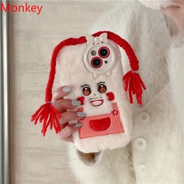 Phone Case Korean 3D cute long braid girl silicone phone case suitable for iPhone 15 Pro Max 14 Plus 13 12 cartoon plush protective cover 231104