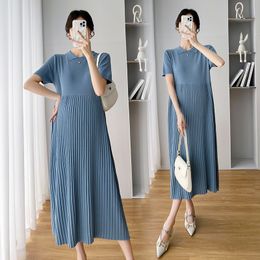 Maternity Dresses 5038# Summer Thin Ice Cold Fold Knitted Pregnant Women's Long Dress Elegant A-line Loose fitting Dress Suitable for Women During Pregnancy 230404