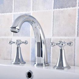 Bathroom Sink Faucets Dual Cross Knob Chrome Finish Brass Widespread Basin Faucet And Cold Water Tap Deck Mounted Three Hole Dnf545