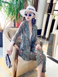 Women's Two Piece Pants Fashion Print Suit Female Korean Summer Thin Chiffon Floral Top Pencil Set Elegant Slim Blazer Outfits H1616