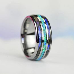 Wedding Rings Personality Silver Colour Band 8MM Unique Abalone Shell And Opal Inlaid Stainless Steel Ring Jewellery Gift For Men WomenWedding