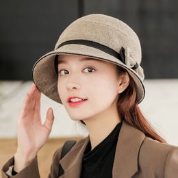 Wide Brim Hats Bucket Hats Fashion Autumn Winter Bucket Hats Women Bow Panama Hat Warm Winter Panama Sun Fishing Hat Fisherman Cap for Female 230403