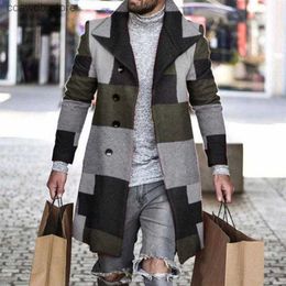 Men's Trench Coats Plaid Print Men's Single Breasted Korean Overcoat Male Autumn/Winter Long Thicken Windbreaker Fashion Causal Coat Outerwear Men T231104