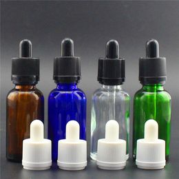 White Black Childproof Tamper Cap Dropper Bottles 30ml Blue Green Clear Amber Glass Essential Oil Cosmetics Packaging