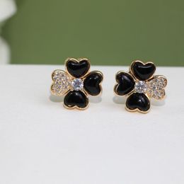 Stud Earrings Clover Lucky Grass S925 Sterling Silver Inlaid With Black Agate Beautiful And Generous For PartiesEar StudsStud StudStud