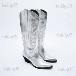 Boots Cowboy Cowgirl Western Boot Metallic Silver Stacked Heeled Mid Calf Long BootShoe Casual Embroidered Autumn Winter Shoe Botas De T231104