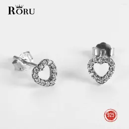 Stud Earrings RORU 925 Silver Female Crystal CZ Heart Retro Design Simple White Zircon Wedding For Women