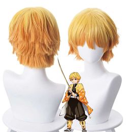 Anime Demon Slayers Zenitsu Agatsuma Cosplay Kimetsu No Yaiba Gold Yellow Hair Synthetic Wig Halloween Party Role Play Props